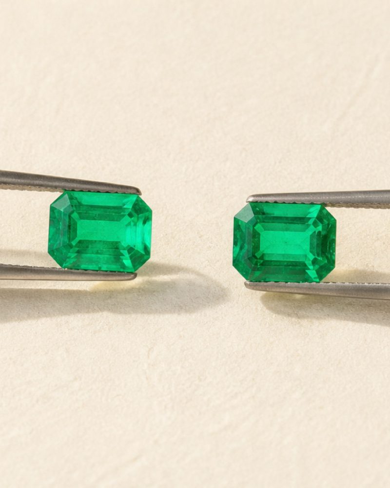 Lab grown and mined emerald, side by side