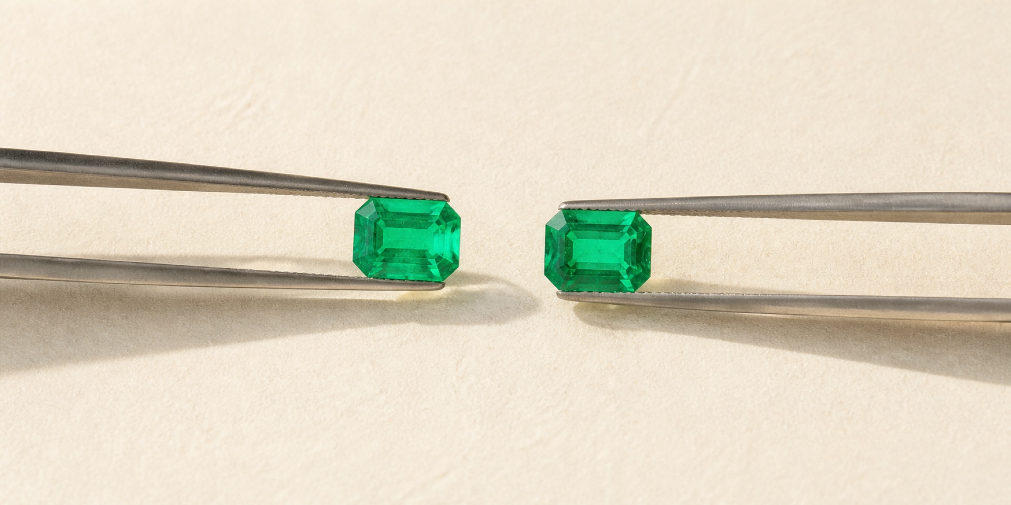 Lab grown and mined emerald, side by side