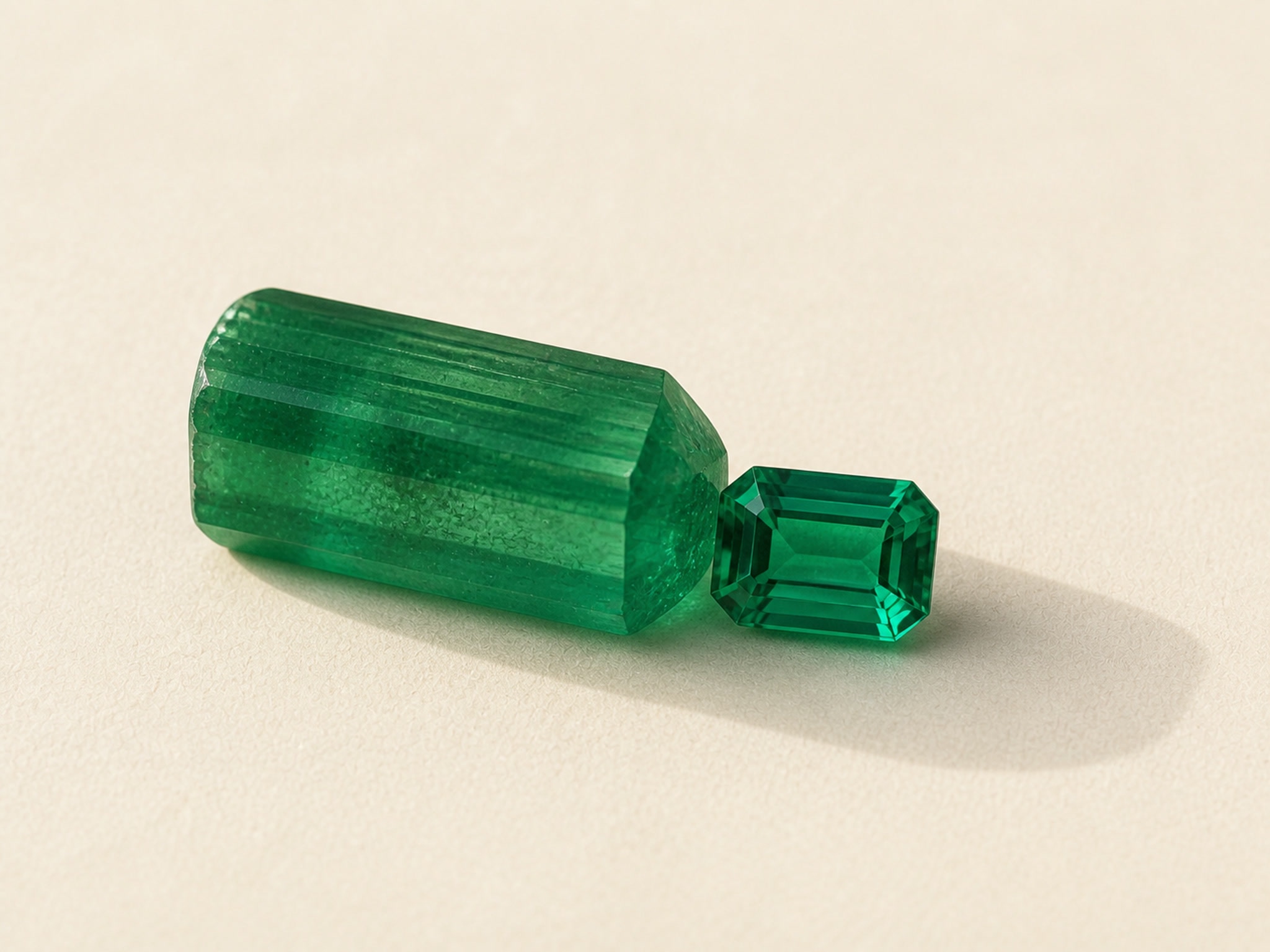 Lab-grown emerald loose gemstones in daylight