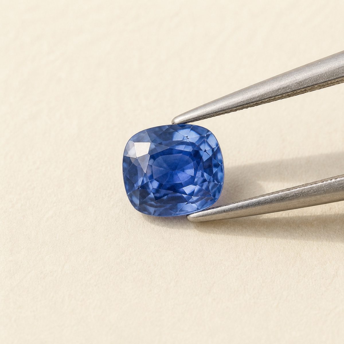 Ceylon sapphire · No. 114 held in tweezers on ivory paper