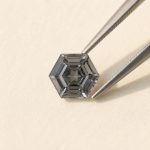Gray spinel · No. 121 held in tweezers on ivory paper