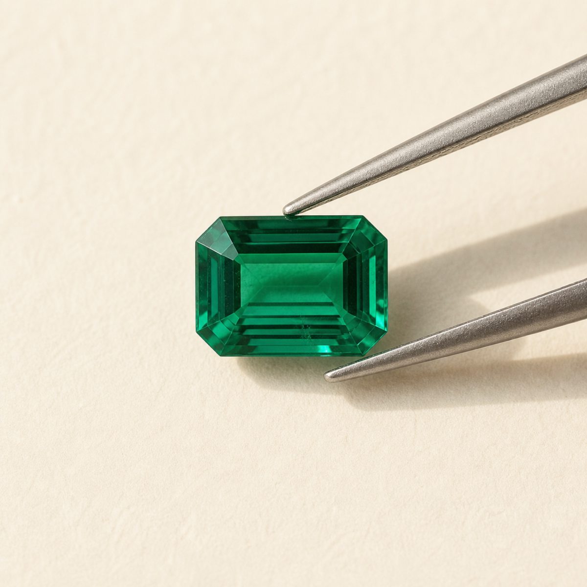 Lab-grown emerald · No. 96 held in tweezers on ivory paper