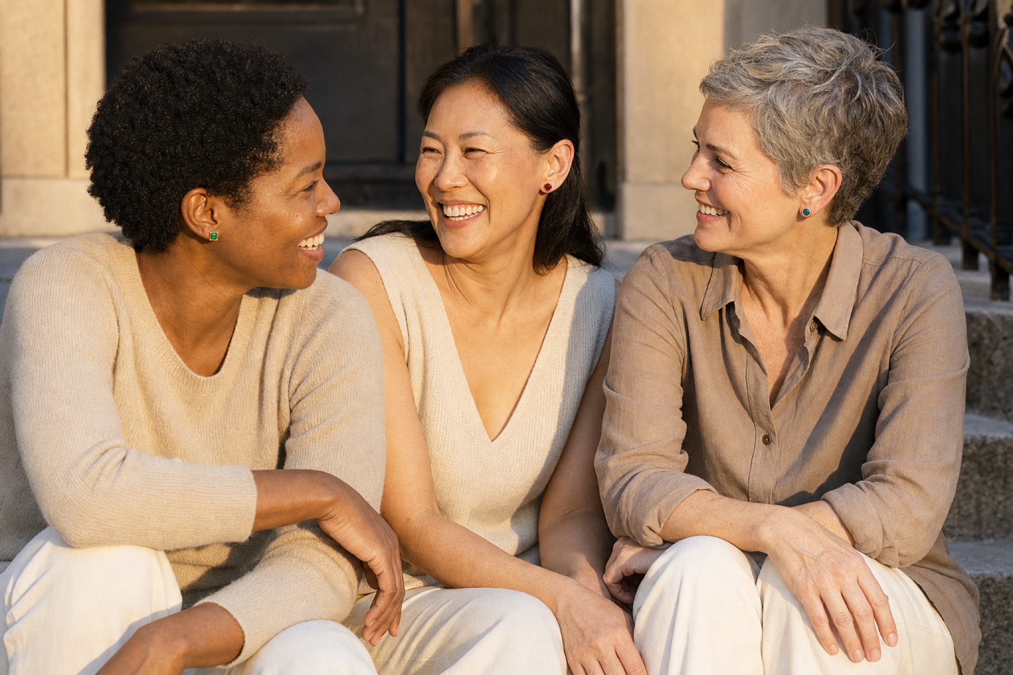 Friends wearing Made With Color in golden-hour light